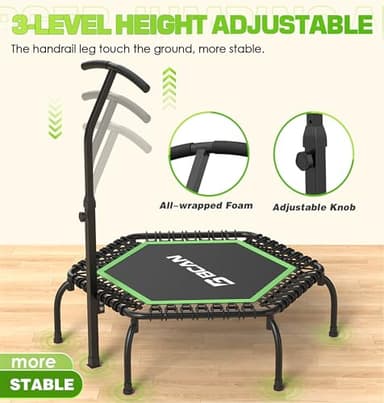 BCAN 48" Mini Trampoline, 550 LBS Fitness Trampoline with T-Adjustable Handle Bar, Bungees, Stable & Quiet Exercise Rebounder for Adults Indoor/Garden Workout-Green - Image 5