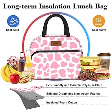 Coobiiya Lunch Bag Women, Lunch Box for Women Adult Men, Small Leak-proof Cute Lunch Tote Large Capacity Reusable Insulated Cooler Lunch Container for Work/Office/Picnic/Travel-Pink Cow - Image 7