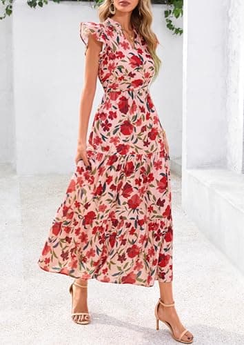 PRETTYGARDEN Women's 2025 Summer Floral Midi Dress Cap Sleeve V Neck Ruffle Long Flowy Boho Casual Beach Vacation Dresses (Floral Orange Pink Red,XX-Large) - Image 4