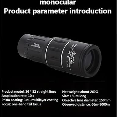 16x52 Monocular Telescope with 10x Magnification, 66M-8000M Range, Day & Night Vision, 150mm Lens - Image 5