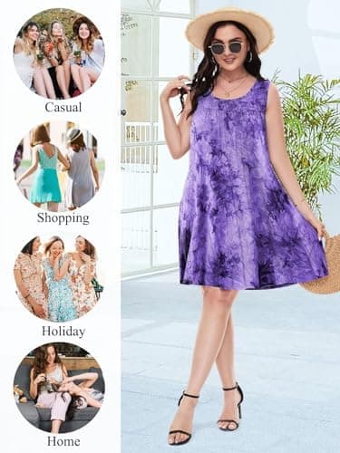 BELAROI Women Plus Size Summer Dresses Beach Sundress Casual Swing Scoop Neck Pleated Sleeveless Tshirt Tank Dress Tie Dye Swimsuit Cover Ups with Pockets(2X, B-Purple) - Image 4