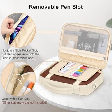 FINPAC Large Bible Cover w/Shoulder Strap, Carrying Book Case Church Bag Bible Protective w/Pen Slots and Zippered Pocket, Gift for Women Lady, Corduroy Beige - Image 3