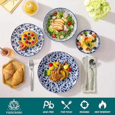 vancasso SELENE Plates and Bowls Set for 6, 24 Pieces Dinnerware Sets, Mircowave and Dishwasher Safe Dishes Set, Porcelain Blue Dinnerware - Image 4