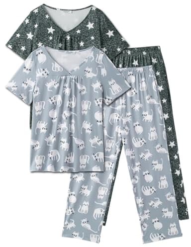 Ekouaer Ladies Pajamas Sets 2 Pack Short Sleeve with Long Pant Pjs Sleepwear Loungewear Slate Star Grey Cat X-Large - Image 7