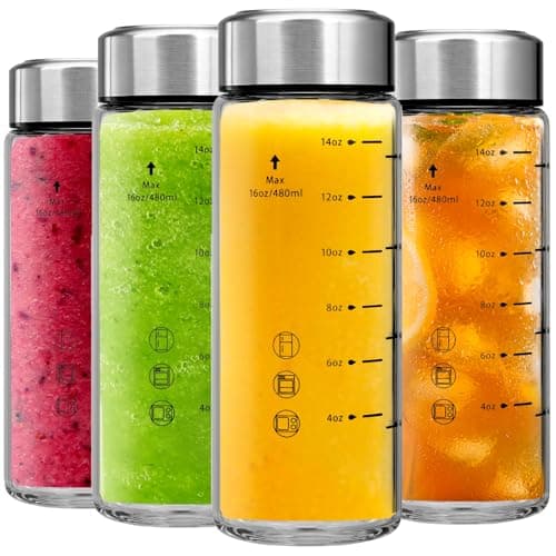 Glass Juice Bottles 4 Pack 16 oz - Wide Mouth Glass Water Bottles with Lids - Borosilicate,Stainless Steel Lids for Juicing, Smoothies, Infused Water, Beverage Storage, Leakproof, Reusable, BPA Free - Image 1