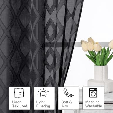 OWENIE Sheer Black Curtains 84 Inches Long 2 Panels Set for Bedroom, Light Filtering Geometric Jacquard Clip Textured Window Curtain, Modern Farmhouse Curtains for Living Room, Total Wide 84" Inch - Image 2