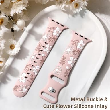 Witzon Floral Band Compatible with Apple Watch Bands For Women 45mm 46mm 44mm 42mm 41mm 40mm 38mm 49mm, Engraved Cute Flower Soft Silicone Strap for iWatch Series 11 10 9 8 7 6 5 4 3 2 1 SE Ultra - Image 6