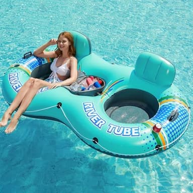 Jasonwell Heavy Duty 2 Person Inflatable River/Pool Tube Float with Removable Cooler, Tubes for Lake, Floating River Raft Lounge Floatie with 2 cup Holders For Adults, Cyan - Image 9