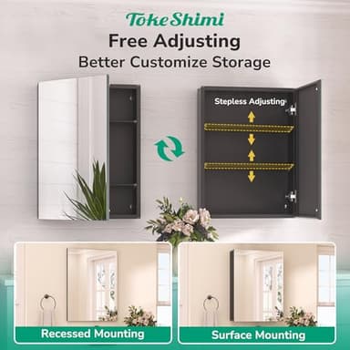 TokeShimi 24 x 32 Mirrored Medicine Cabinet Recessed or Surface Mount, Aluminum Tempered Bathroom Medicine Cabinet with Mirror with Storage Black Stepless Adjustable Metal Shelves Farmhouse - Image 6