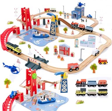 Giant bean 117 Pcs Busy Port City Train Set for Kids- Expandable & Changeable Wooden Train Track Set Toy, for Boys & Girls Ages 3-14 - Image 1