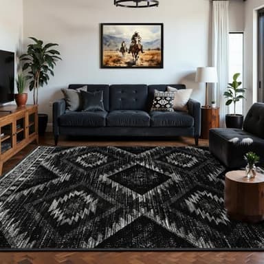Area Rug 8x10 Rug Machine Washable Non-Slip Low Pile Print Pattern Western Rug for Living Room Bedroom Entryway Tribal Series -Black - Image 9