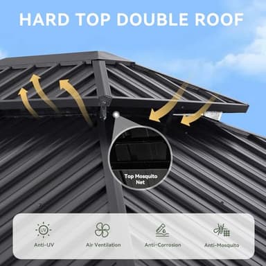 Aoxun 10'x14' Hardtop Gazebo, Aluminum Frame Canopy with Double Galvanized Steel Roof, Outdoor Metal Pavilion with Netting, Curtains for Backyard, Patio and Deck - Image 8