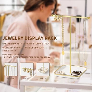 Leijosya modern T-shaped jewelry rack, jewelry tower, gold metal, square ceramic base decoration display tower, necklace, bracelet, ring storage rack (1Tiers) - Image 6