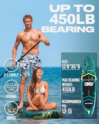 Skatinger 11'6×35" Super Wide Inflatable Paddle Board, Ultra Stable Stand Up Paddleboards for 450lb/3 People/Family/Big Size w/Shoulder Strap, 100L Backpack, All-Round Sup Board, US Fin - Image 3