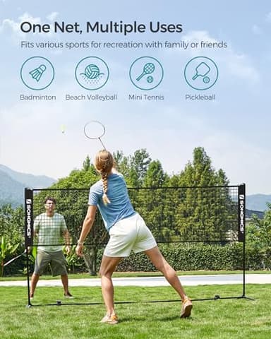 SONGMICS 10 ft Badminton Net, Height Adjustable Volleyball Net, Pickleball Net with Poles, Foldable Nylon Net for Tennis Indoor Outdoor Court, Black USYQ300HV1 - Image 2