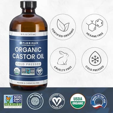 Florisan Organic Castor Oil 16oz Glass Bottle, Cold Pressed, Hexane-Free, Non-GMO, 100% Pure Castor Oil for Hair Growth, Skin, Lashes, Eyebrows, EWG Verified & USDA Organic Certified - Image 2