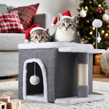 YITAHOME Cat Bed for Indoor Cats Cube House, Covered Cat House with Fluffy Ball Hanging and Nature Sisal Post,Cat Cave Bed Playhouse, Cute Cat Condo for Multi Small Pet Kitten, Grey - Image 7