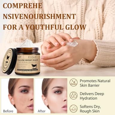 ELBBUB Whipped Tallow Cream for Face & Body - 100% Grass-Fed Beef Tallow, Natural Honey & Beeswax Moisturizer, Deep Hydration & Nourishment, Oil-Free & Unscented, Fast Absorbing - Image 5
