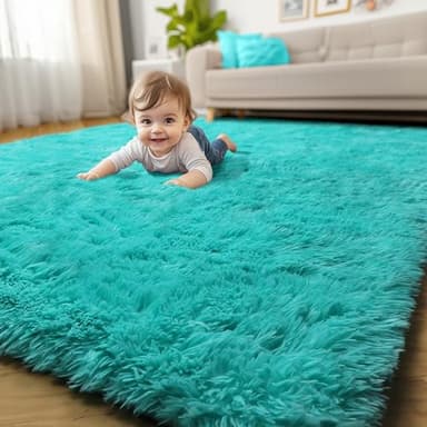 Amdrebio Blue Area Rugs for Bedroom, Fuzzy Fluffy Furry Rug 5x8 for Living Room, Cute Plush Shaggy Carpet for Kids Teen Girls Boys, Baby Light Turquoise Teal Rugs for Nursery Playroom Classroom Dorm - Image 1