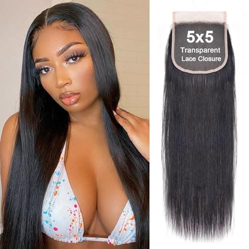 5x5 Transparent HD Lace Closure Silky Straight Human Hair Lace Closure Brazilian Virgin Remy Hair Invisible Lace Frontal Closure Pre Plucked Natural Black Color 16 Inch - Image 1