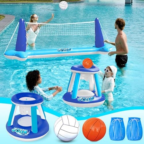 JOYIN Inflatable Volleyball Net & Basketball Hoops Pool Float Set; Balls Included for Kids/Adults, Summing Pool Game, Floating, Summer Floaties, Volleyball Court |Basketball,L-Dark Blue - Image 1