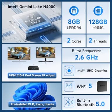 Bmax B1 Mini PC, 8GB RAM/128GB eMMC, Intel N4000, Support 512GB/2TB M.2 SSD Expansion, Small Tiny Desktop Computers, 2.4GHz/5GHz WiFi 5, BT, 4K, Business, Home, Office Computer, Small Pc - Image 3