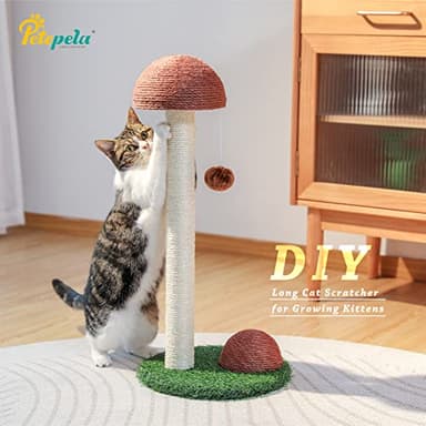PETEPELA Cat Scratching Post, Mushroom Tall Cat Scratcher Featuring with Natural Sisal Scratching Poles and Interactive Toy Ball for Kittens and Small Cats (Brown) - Image 4