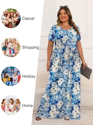 Womens Plus Size Maxi Dresses Summer 2025 Casual Short Sleeve with Pockets Long Dress White Chrysanthemum 1X - Image 5