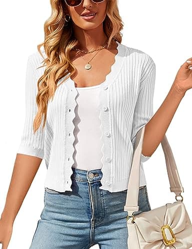 SECRETEYARD Womens 3/4 Sleeve Cropped Cardigan Knit Shrugs Lightweight Tops V Neck Button Down Cardigans Sweaters - Image 1