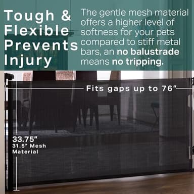 Cumbor Retractable Baby Gates - Wide Dog & Child Fence for The House, 33" Tall, Extends to 76", Extra Long Mesh Pet Safety Gate for Stairs, Doorways & Hallways, Porch, Indoor/Outdoor (Black) - Image 2