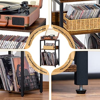 LELELINKY 3 Tier End Table,Record Player Stand with Storage Up to 100 Albums,Turntable Stand for Vinyl,Brown Records Shelf for Living Room Bedroom - Image 5