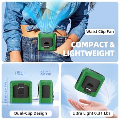 Zeadio Portable Waist Clip Fan, 3 Speeds 10000mAh Operated Hands-free Wearable Necklace Fan, with lighting function for Hot Flashes Home Office Travel Outdoor Sports - Green - Image 5