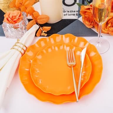 LIYH 24 Pcs Orange Scalloped Plates - Sturdy Plastic Orange Plates for Halloween & Thanksgiving Party Dishwasher Safe Reusable (12 Guests) - Image 4