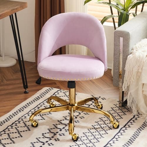 VINGLI Modern Velvet Small Office Chair,Cute Desk Chair With Wheels,Gold Base/Studs,Comfy Armless Swivel Vanity Task Chair For Women/Girl/Kids,Nail Tech Chair For Office,Small Space,Mauve Light Purple - Image 1