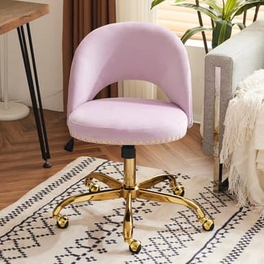 VINGLI Modern Velvet Small Office Chair,Cute Desk Chair With Wheels,Gold Base/Studs,Comfy Armless Swivel Vanity Task Chair For Women/Girl/Kids,Nail Tech Chair For Office,Small Space,Mauve Light Purple - Image 1