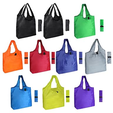 Aricsen 10 Pack Durable Colorful Folding Reusable Grocery Bags Handles Bulk Strong, Recycle Shopping Foldable Lightweight Kitchen Large Washable Pocket Nylon, Polyester Color Cloth Fabric - Image 1