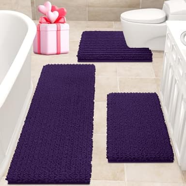 ACCUMTEK Upgrade Extra Large Dark Purple Bathroom Rug Set 3 Pieces Ultra Soft, Thick Absorbent Bath Mats, Non Slip Chenille Toilet Mat for Bathroom, Bedroom, Kitchen, Eggplant - Image 1