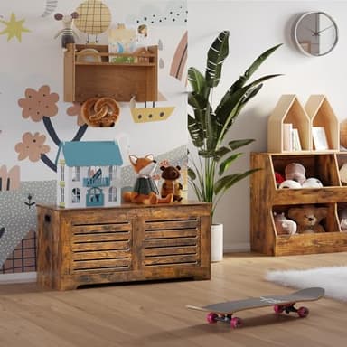 DINZI LVJ Storage Chest, 43.3” Wooden Toy Box with 2 Safety Hinges, Retro Entryway Shoe Storage Bench with Flip-Top, Sturdy Large Storage Trunk for Living Room, Bedroom, Easy Assembly, Rustic Brown - Image 3