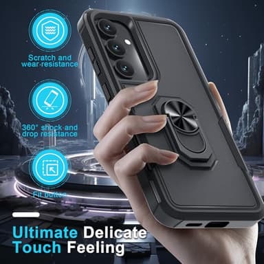 for Samsung Galaxy S25 Plus/S24 Plus Case with Screen Protector+Camera Lens Protector,Heavy Duty Shockproof Full Body Protective Cover Built in Rotatable Metal Ring Holder Kickstand,2025 Black Matte - Image 6