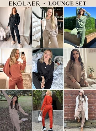 Ekouaer Pajamas Women's Waffle Knit Sleepwear Long Sleeve Top with Pants Casual Pjs Loungewear Set Baby Pink,XX-Large - Image 2