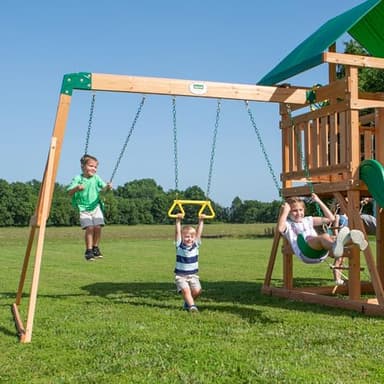 Backyard Discovery Mount Mckinley Cedar Wood Swing Set with Wave Slide, Play Deck, Double Rock Wall, Rope Ladder, Web Swing, Belt Swings, Toy Telescope, Steering Wheel, Sandbox Area, Outdoor Playset - Image 6