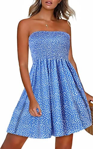 Sundresses for Women Casual Beach Summer Strapless Coverups Tube Tops Off The Shouder Dresses (Blue Polka dot,S) - Image 1