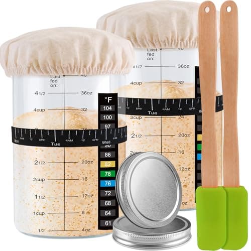 Sourdough Starter Jar 2 Pack - 40oz Sourdough Starter Kit with Thermometer, Feeding Band, Cloth Cover, Silicone Scraper and Metal Lid - Reusable Sourdough Bread Baking Supplies - Image 1