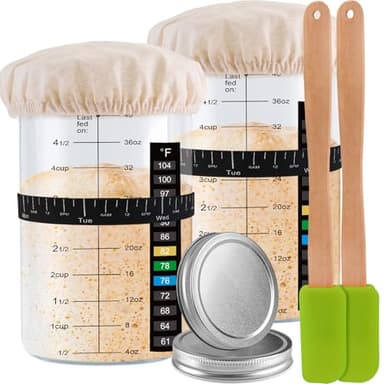 Sourdough Starter Jar 2 Pack - 40oz Sourdough Starter Kit with Thermometer, Feeding Band, Cloth Cover, Silicone Scraper and Metal Lid - Reusable Sourdough Bread Baking Supplies - Image 1