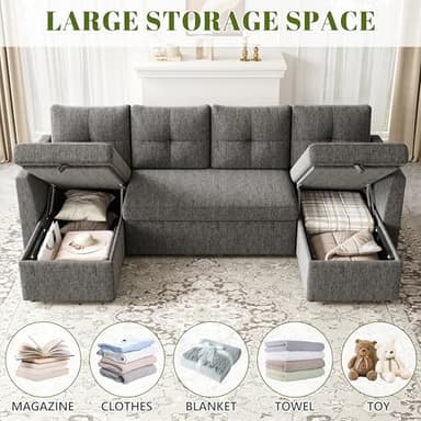 Huatean Home Oversized Sleeper Sofa Couch, 110 inch 2 in 1 Pullout Couch Bed with Double Storage Chaise, Sectional Sleeper Sofa Bed with Side Pocket for Living Room, Dark Grey - Image 5