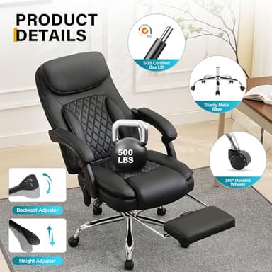 6-Point Massage Office Chair with Heated, Ergonomic Desk Chairs with Footrest & 135°Reclining High Back, Big and Tall Executive Offices Chair 500LBS, Thick Cushion Gaming Chair for Home Office, Black - Image 8