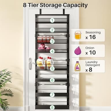 Over the Door Pantry Organizer - 8 Tier Adjustable Pantry Door Spice Organizer, Large Capacity Hanging Door Spice Rack for Kitchen Pantry Organizers and Storage (Black, 17"W x 6"D x 69"H) - Image 6