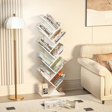 SHEEPAM 10 Tier Tree Book Shelf, Floor Standing Wood Bookshelf for Narrow Space, Storage Organizer Bookshelves for Books/CDs/Magazine, Bookcase with Shelves for Home Office, Living Room - White - Image 4