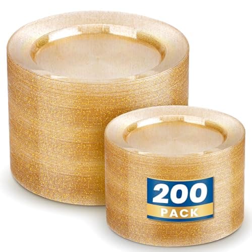 WDF 200PCS Gold Plastic Plates - Gold Glitter Plastic Plates - Heavy Duty Gold Glitter Disposable Plates - Include 100 Dinner Plates 10" and 100 Dessert Plate 7" for Parties/Wedding - Image 1