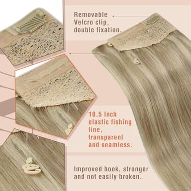 Sunny Hair Wire Hair Extensions Real Human Hair Fish Line Human Hair Extensions Invisible Wire Extensions Golden Blonde with Medium Blonde Highlights #16/22 22 Inch - Image 3